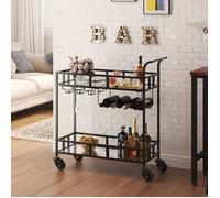 Chariot de bar roulant 2 niveaux - Compact et portable - Étagères miroir, porte-bouteilles, porte-verres - Pour salon