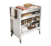 Chariot de barbecue au charbon de bois en acier inoxydable 3 niveaux 30 kg | Chariot de service d'extérieur avec étagères réglables, table d'appoint sur roues, pour jardin, barbecue, camping