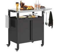 Chariot de barbecue avec plateau en acier inoxydable, tablette pliable et crochets, 116 x 50 x 93 cm, noir