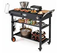CHARIOT DE BARBECUE COSTWAY, table de barbecue pliante, chariot de service en métal avec roulettes, surface de travail de 86,5 x 46 cm, avec crochets et 3 étagères, table à pizza résistante aux intemp