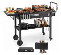 CHARIOT DE BARBECUE COSTWAY, table de barbecue pliante, chariot de service en métal avec roulettes, surface de travail de 79 x 43 cm et crochets, table d'appoint pour barbecue résistante aux intempéri