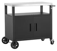 Chariot de barbecue d'extérieur avec armoire de rangement, table de barbecue de 92 cm, îlot de cuisine étanche avec plan de travail en acier inoxydable, étagère et roulettes. Station de préparation de