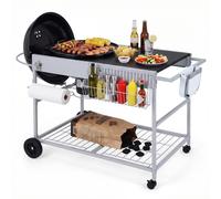 Chariot de barbecue d'extérieur COSTWAY, chariot de service pour barbecue sphérique de 45 à 55 cm, table de barbecue à 4 roulettes, support pour couvercle, étagère à épices et poubelle, table d'appoin