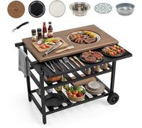 Chariot de barbecue d'extérieur, table de barbecue mobile sur roulettes, chariot de service avec grill à charbon, table latérale pliante, plan de travail imitation bois et 2 étagères, métal, idéal pou