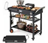 Chariot de barbecue d'extérieur, table de barbecue pliante, chariot de service en métal | Table à pizza sur roulettes, surface de travail de 86,5 x 46 cm, avec crochets et 3 étagères. Table d'appoint 
