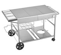 Chariot de barbecue d'extérieur, table de cuisson de 925 x 595 x 25 mm, table de cuisson d'extérieur mobile avec 4 pots à épices, roulettes, couvercles, crochets, tables de préparation pour barbecue p