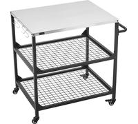 Chariot de barbecue d'extérieur, table de cuisson en acier inoxydable de 800 x 610 mm, table de cuisson d'extérieur avec 4 roues et poignée latérale, deux étagères en filet, tables de préparation pour