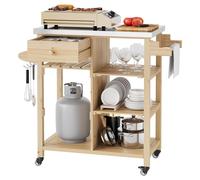 Chariot de barbecue d'extérieur - Table de travail pour barbecue - Capacité de charge : 136 kg - Plan de travail en acier inoxydable - Tiroir et étagères ouvertes - Roues verrouillables - Aspect bois