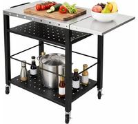 Chariot de barbecue en acier inoxydable à 4 niveaux, table de barbecue d'extérieur avec plateau latéral rabattable et 4 roues, chariot mobile pour barbecue, table de service pour jardin, terrasse, cam