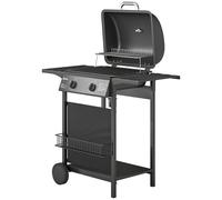 Chariot de barbecue en acier inoxydable avec revêtement émaillé, barbecue à gaz de 5 kW avec 2 brûleurs, barbecue d'extérieur avec table latérale, couleur noire. | 14,65 kg | 99 x 56 x 95 cm
