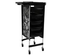 Chariot de coiffure - Chariot de rangement pour salon - 6 niveaux - 5 tiroirs - Capacité de charge de 80 kg - PP et acier inoxydable - Structure métallique - Pieds de 23 cm - Noir