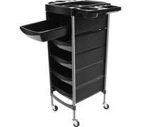 Chariot de coiffure sur roulettes - Chariot de salon à 5 niveaux - 5 tiroirs coulissants - Surface de travail rabattable - Roues en caoutchouc pivotantes à 360° - Capacité de charge de 8 kg - Noir