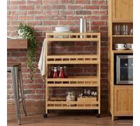 Chariot de cuisine à roulettes en bambou naturel 60 x 18 x 97 cm avec 4 étagères et freins, chariot mobile pour cuisine, salle à manger et salon, chariot polyvalent peu encombrant avec espace de