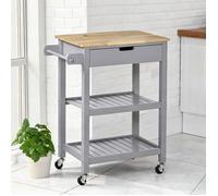 Chariot de cuisine à roulettes en MDF gris avec plateau bois hévéa, 2 étagères et tiroir