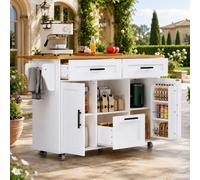 Chariot de cuisine blanc Chariot de service à roulettes Îlot de cuisine en bois Table de cuisine moderne avec tiroirs Étagère à épices Porte-serviettes Chariot à roulettes Armoire de cuisine Micro-ond