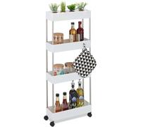 Chariot de cuisine en plastique avec 4 étagères et crochets - compact et à roulettes pour la salle de bain et la cuisine