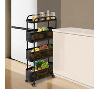 Chariot de cuisine étroit à 4 étages avec paniers extensibles, noir | Chariot de niche en métal étroit pour petits espaces, cuisine, salle de bain, 40 x 15 x 89,5 cm