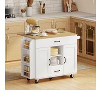Chariot de cuisine mobile avec plan de travail escamotable, îlot de cuisine en MDF, portes et tiroirs à fermeture douce, couleur blanche | 115 x 70 x 89 cm | 22,3 kg