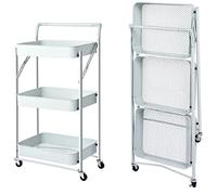 Chariot de Cuisine Pliable Multifonction avec poignée 3 étagères, paniers 4 roulettes et Frein intégré en métal, Chariot économise de l'espace, Blanc