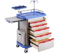 Chariot de laboratoire médical - 5 tiroirs - 2 poubelles - chariot de service bleu - table de soins mobile - équipement pratique