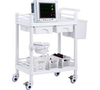 Chariot de laboratoire VEVOR à 2 niveaux, chariot de laboratoire avec 2 étagères, 2 tiroirs et 4 roues silencieuses, chariot médical mobile en matériau PP, chariot de laboratoire avec 3 poubelles pour