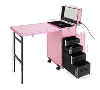 Chariot de manucure de table de maquillage cosmétique avec 4 tiroirs et 4 roues pliable portée 50 kg avec Bluetooth (rose)