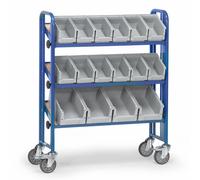 Chariot de montage Fetra avec 3 plateaux inclinables en bois composite, avec bacs à bec
