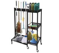 Chariot de Nettoyage 3 Étagères, Rangement Aspirateur et Balais, | Organisateur Mobile pour Buanderie, Maison, Hôtel - Armoire à Balai Mobile avec 6 Roues (Capacité 50kg)