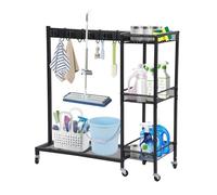 Chariot de nettoyage 85 × 42 × 30 cm - Chariot de nettoyage mobile avec porte-balai et porte-balai, 6 roues (toutes avec frein), 6 supports et 2 crochets doubles, 3 étagères - Maison et chariot de