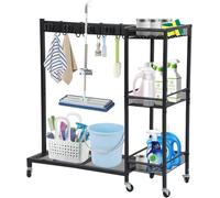 Chariot de nettoyage 85 x 62 x 30 cm – Chariot de nettoyage mobile avec support pour serpillière et balai, 6 roues avec 3 freins, 6 supports pour accessoires et 2 crochets doubles, 3 plateaux – Chario