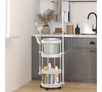 Chariot de nettoyage avec cadre en aluminium, panier de rangement de 34x75 cm, 4 roulettes, gain de place, avec supports pour balai, serpillère, polyvalent pour la cuisine, la salle de bain, le bureau