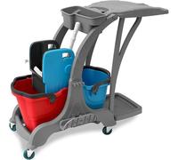 Chariot de nettoyage avec deux seaux de 25 litres chacun | inclut une presse à serpillière, un compartiment pour les accessoires et un module pour les déchets | idéal pour le nettoyage de bâtiments, l