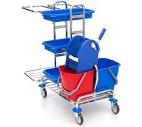Chariot de nettoyage Chrom pour usage professionnel, équipé d'un seau. Chariot de nettoyage professionnel pour entreprises, avec presse, 2 seaux de 17 litres, 3 compartiments de rangement et 2 support