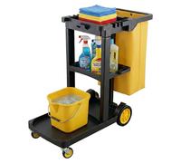 Chariot de nettoyage Relaxdays, avec 3 étagères, sac poubelle et support pour balai, capacité jusqu'à 50 kg, dimensions (H x L x P) : 96 x 112 x 51 cm, chariot de nettoyage, noir et jaune