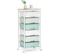 Chariot de rangement, 6 tiroirs, plateau en bois, couleur verte