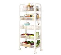 Chariot de Rangement à roulettes sur 5 Niveaux, Métallique Rangement Chariot de Service avec 4 Crochets pour Cuisine, Salle Bain, Bureau, 102 * 44 * 26cm, Desserte Rangement Multifonctionnel, Blanc