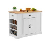 VEVOR Chariot d'îlot de cuisine, 1173 mm, desserte de cuisine de dessus en bois avec armoire de rangement, table avec 5 étagères réglables et 3 tiroirs, pour salle à manger, cuisine, salon, blanc