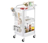Chariot de rangement - Desserte roulante 3 niveaux - Rack métallique avec crochets et paniers - Blanc - Plaque perforée 270 x 585 mm