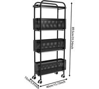 Chariot de rangement - Fin 4 étages - 40 × 15 × 89,5 cm - Panier grillagé coulissant - 4 roulettes (dont 2 avec frein) - Structure métallique - Noir