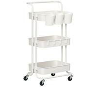 Chariot de rangement - HOMCOM - 3 niveaux desserte étagère roulettes 4 crochets 3 boites - acier - 42x38x86,5cm - blanc