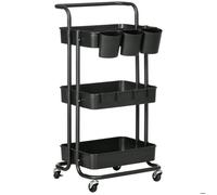 HOMCOM Chariot de rangement 3 niveaux – 3 étagères, roulettes, 4 crochets, 3 boîtes – Noir