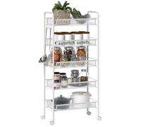 HOMCOM Chariot de Rangement à 5 Niveaux, desserte à roulettes avec paniers Amovibles et 4 Crochets, Cadre en Acier, Chariot de Cuisine, Salle de Bain, Salon, Espace étroit, 45 x 26,5 x 106 cm, Blanc
