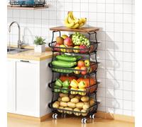 Chariot de rangement métallique empilable Unyqoos® avec 1 à 5 paniers en mesh, en acier résistant à la rouille, équipé de 4 roulettes (2 avec frein), pivotant à 360° – idéal pour la cuisine, la salle