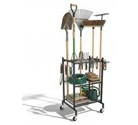 Chariot de rangement mobile - Étagère à outils à 3 niveaux - Pour 35 outils à manches longs - Avec crochets - Réglable - Acier - Roulettes - Noir