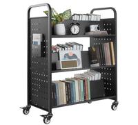 Chariot de rangement pour livres, capacité de charge 150 kg, 3 niveaux, en acier au carbone, de couleur noire. Idéal pour les bibliothèques et les bureaux