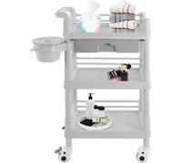 Chariot de salon / chariot de coiffure - 3 niveaux - Forme sans soudure - Roulettes silencieuses (20 dB) - Ouverture pour déchets de 19 cm - Cadre en plastique - Gris