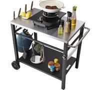 Chariot de service - Chariot de cuisine 100x64x83,5 cm - Chariot grill extérieur avec double plateau - Table grill mobile pour la préparation des repas - Plateau multifonctions en inox.