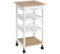 HOMCOM Chariot de Service desserte de Cuisine à roulettes 2 Plateaux Amovibles, tiroir, étagère chêne Clair Bois pin Blanc
