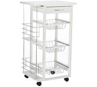 HOMCOM Chariot de Service desserte de Cuisine à roulettes Multi-rangements 3 paniers métal tiroir + 2 Range-Bouteilles Bois pin Blanc