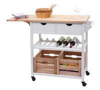 Chariot de service HWC-G35, chariot de cuisine à roulettes bois de pin 89x119x41cm, blanc naturel
